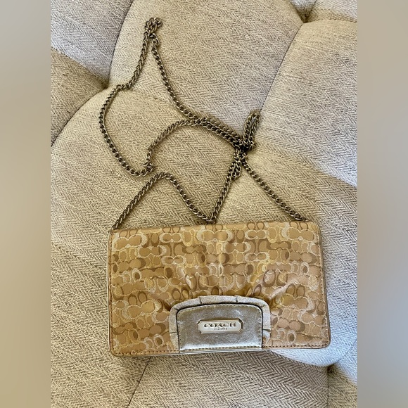 Coach Tan and Silver Crossbody Bag with Signature Monogram and Chain Strap - Picture 1 of 5